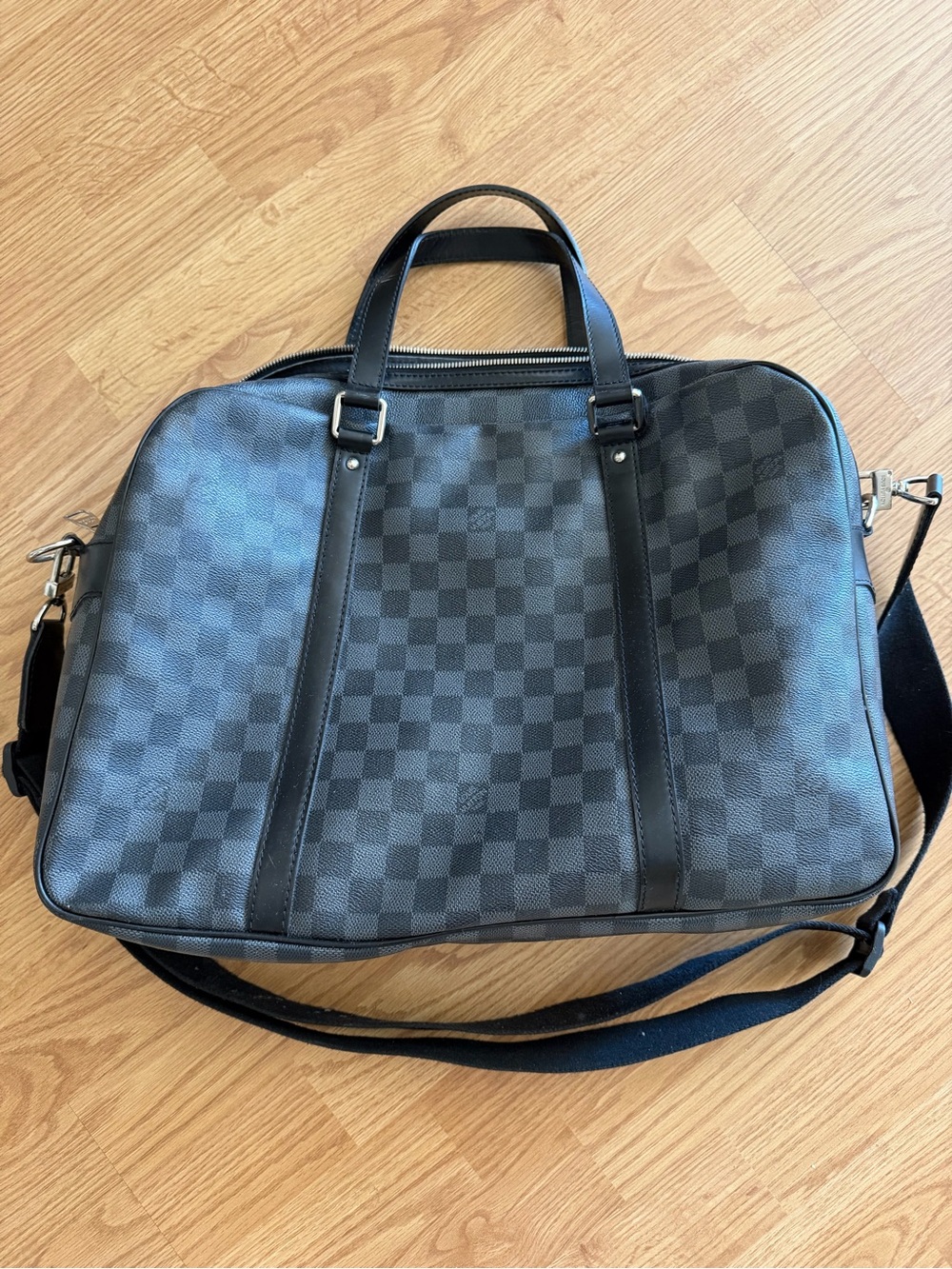 Men's Black Checkered Laptop Briefcase with Shoulder Strap